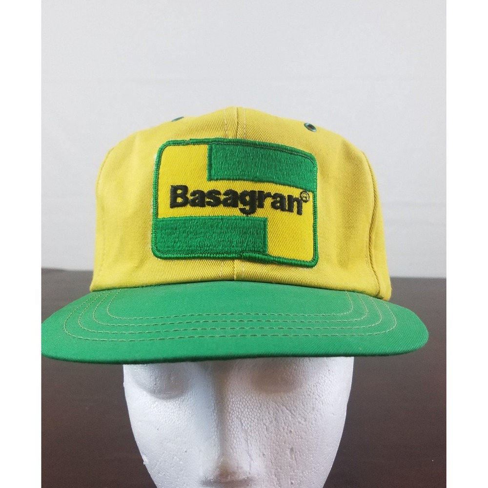 Vtg Basagran Farming Supply Patch USA Snapback‎ Trucker Hat Cap Green Yellow
